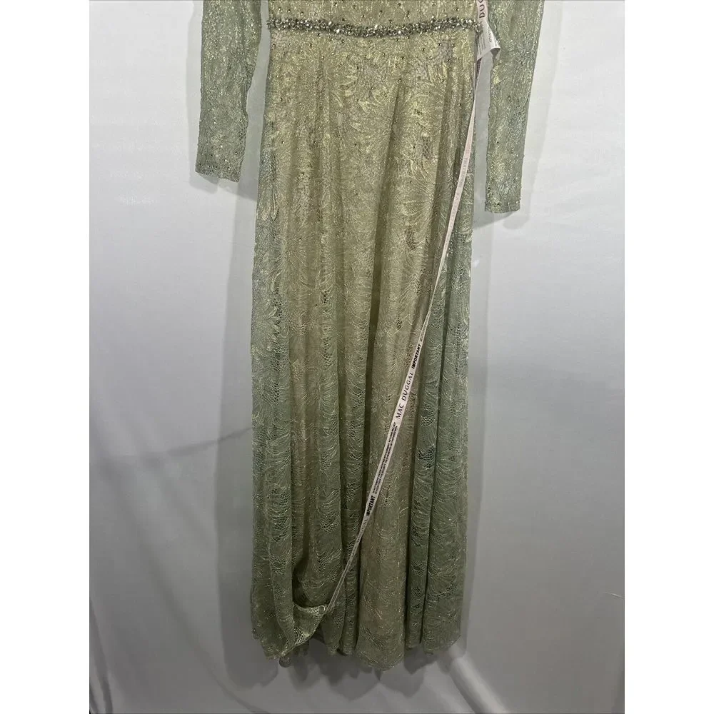 NWD Mac Duggal [ 2 ] 491881 Jeweled Long Sleeve Floral Lace Gown Sage Gold Q1023